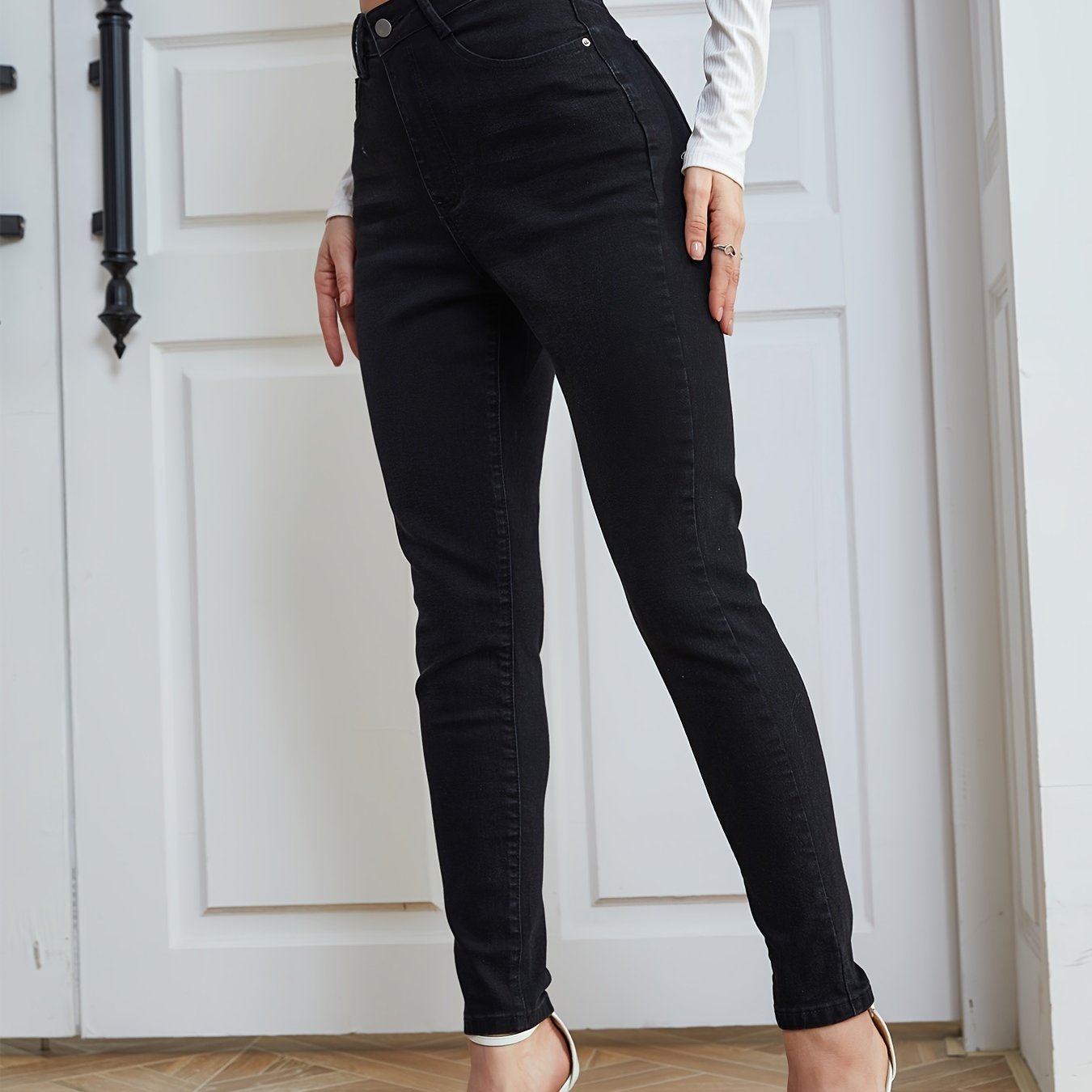High Waist Skinny Jeans Slash Pockets Stretchy
