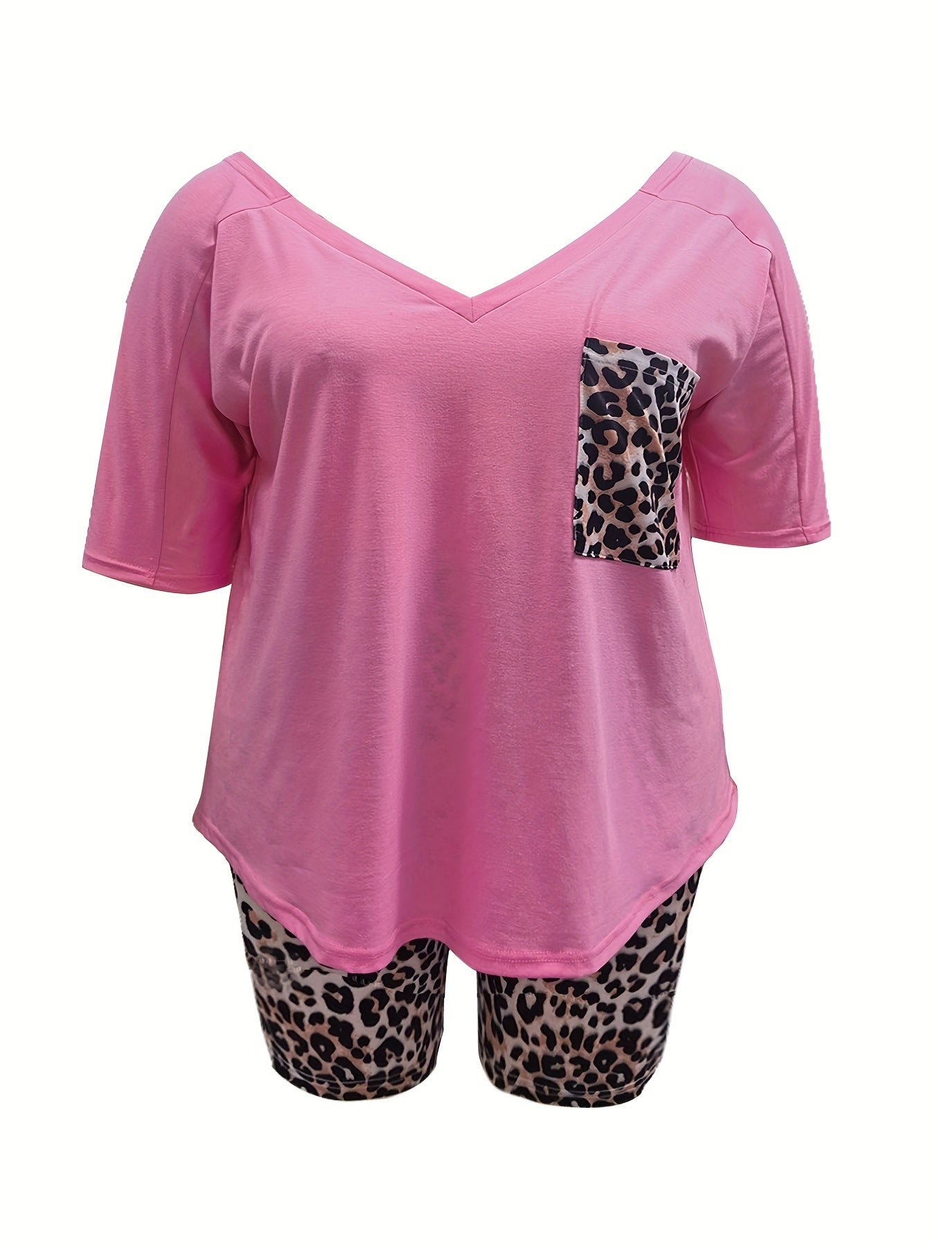 Women's Plus Solid V Neck Top & Leopard Shorts Set