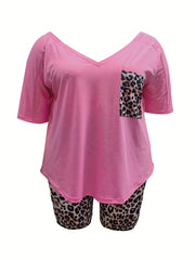 Women's Plus Solid V Neck Top & Leopard Shorts Set