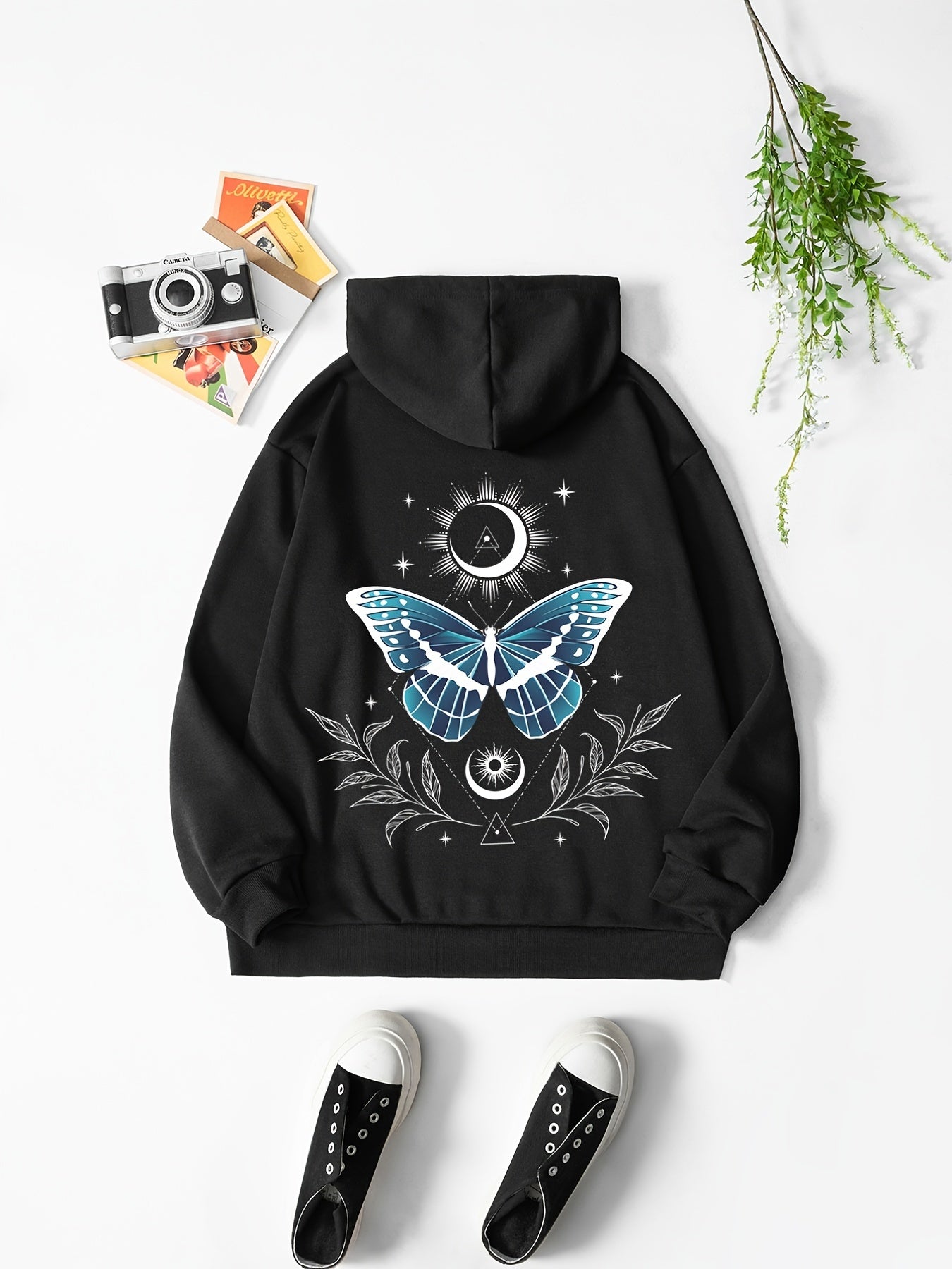 Sun & Moon & Flower Print Hooded Shirt