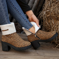 Leopard Print Winter Snow Boots Side Zipper Chunky Block Heel Ankle Boots