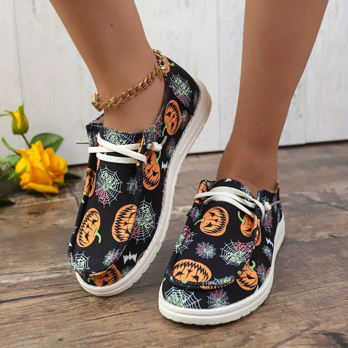 Halloween Pumpkin & Spider Web Flat Shoes