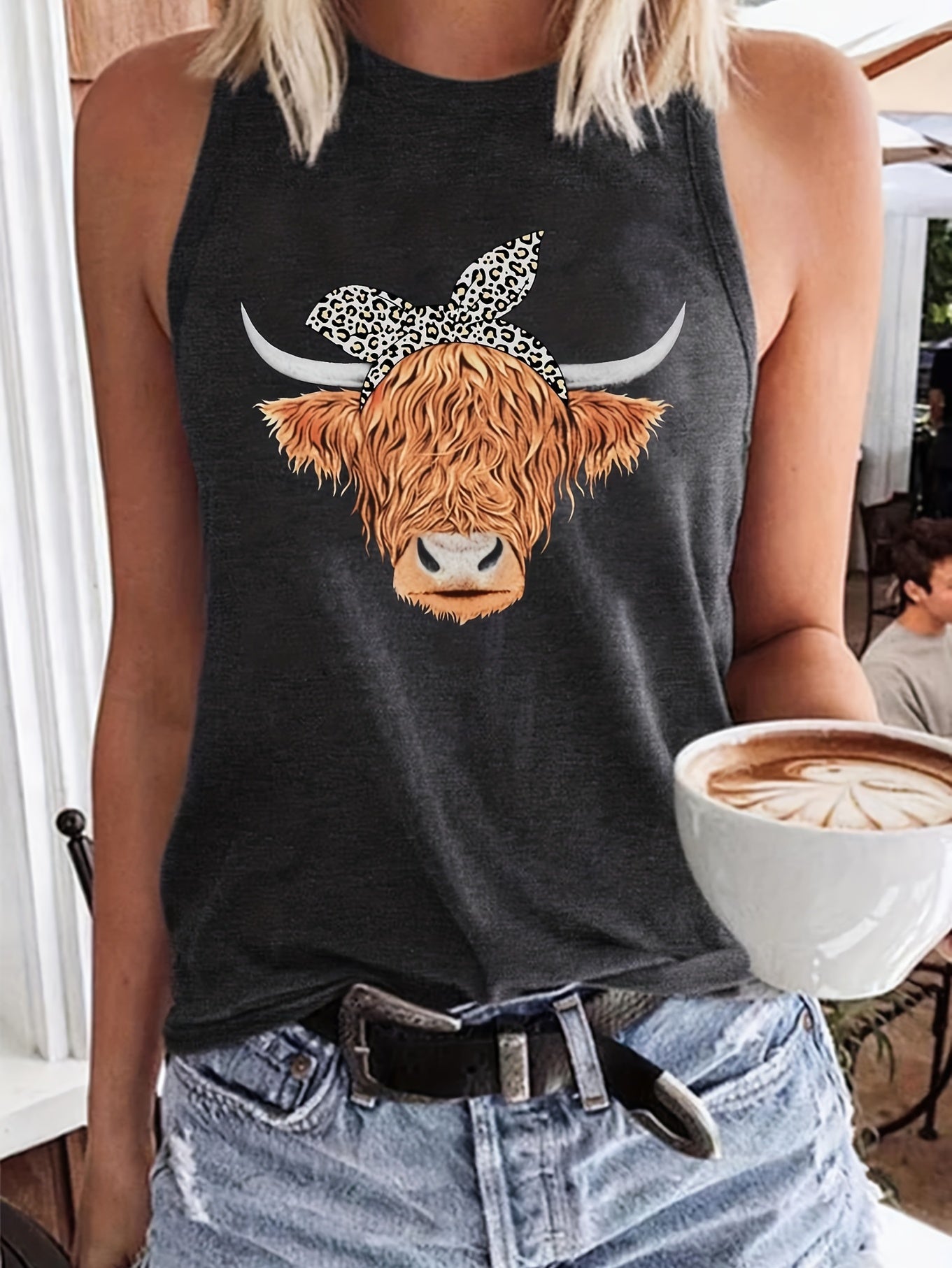 Cow Head Print Crew Neck Tank Top Sleeveless Casual Summer Women's Top