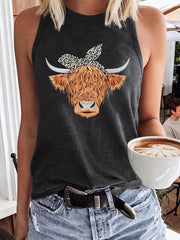Cow Head Print Crew Neck Tank Top Sleeveless Casual Summer Women's Top
