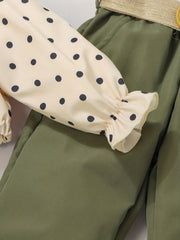 Girl's Polka Dots Top & Belted Pants Set for Spring Fall