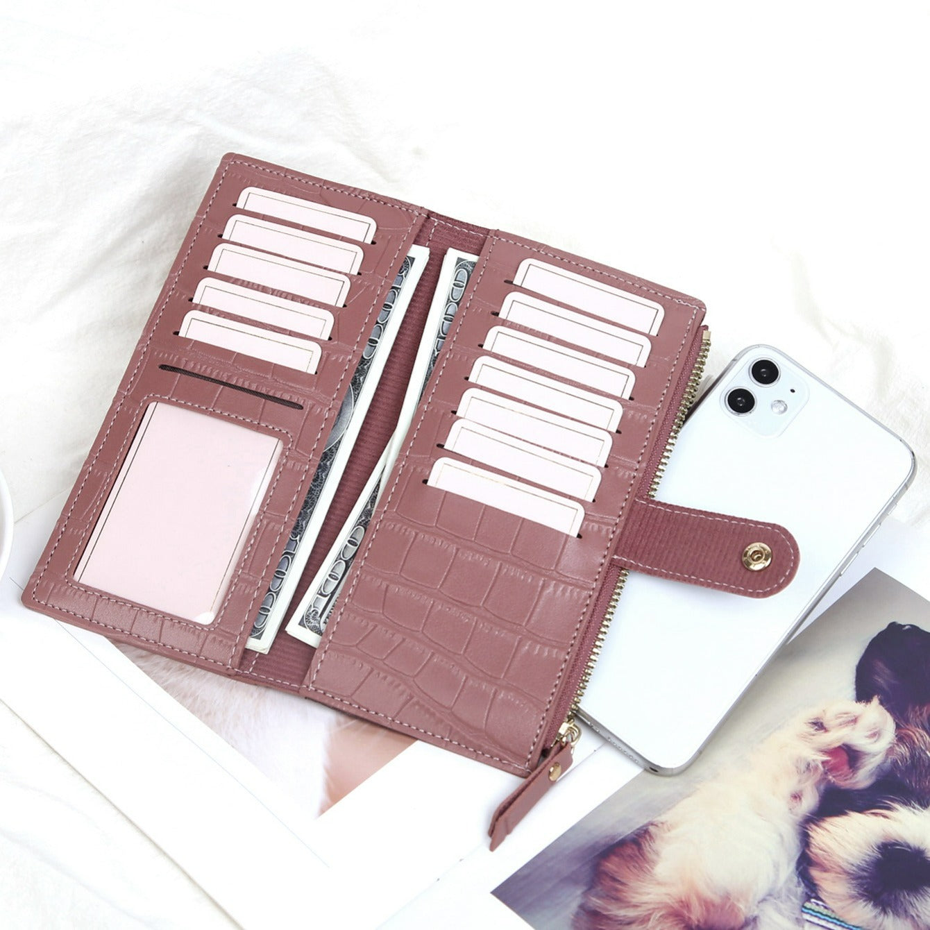 Bi Fold Long Wallet with Phone Pocket & Card Slots - Women's Faux Leather