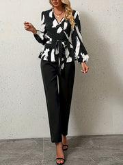 Plus Brush Print Lantern Sleeve Surplice Neck Belted Top & Pants Outfits