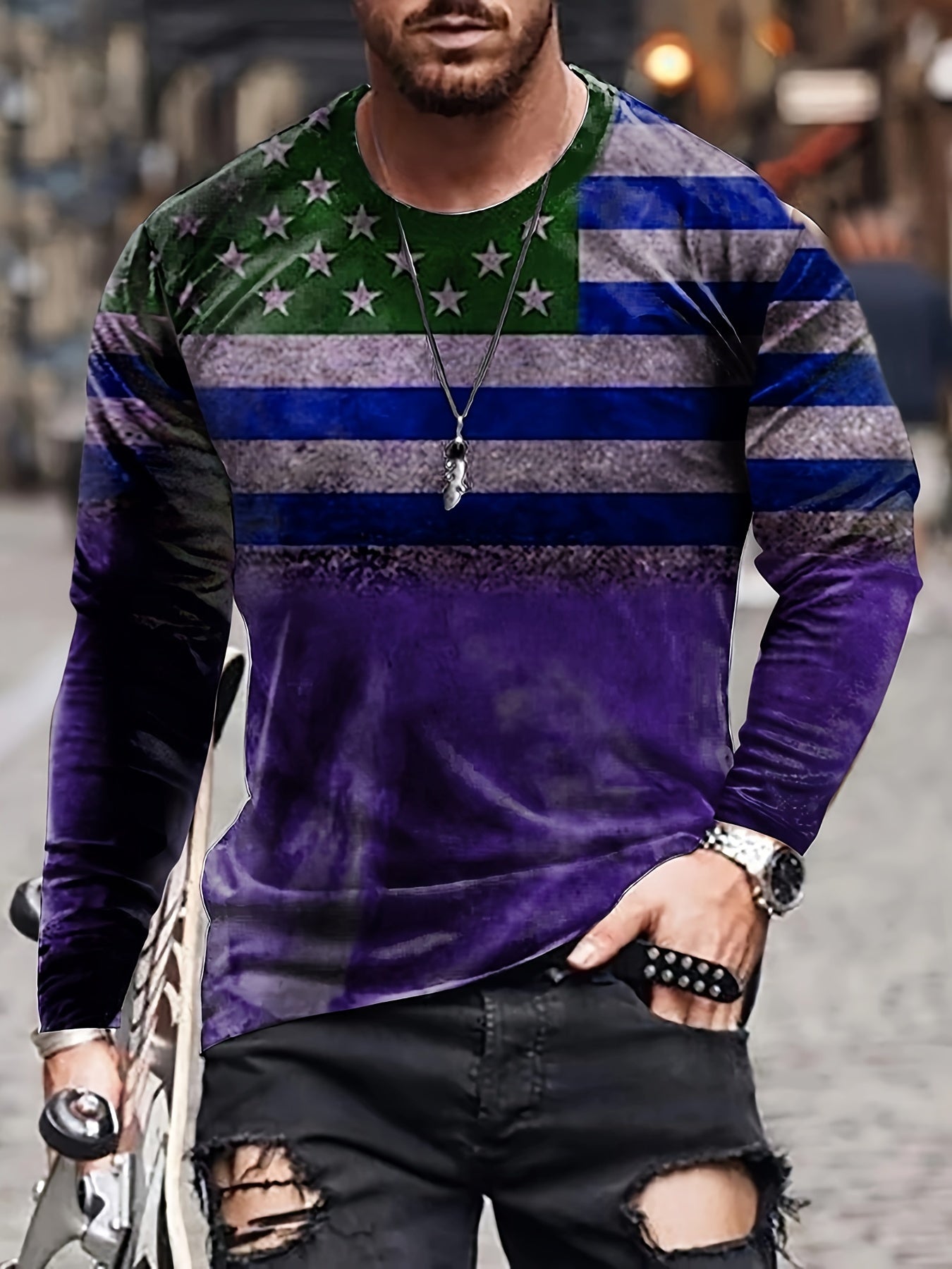 Men's 3D American Flag Long Sleeve T-shirt
