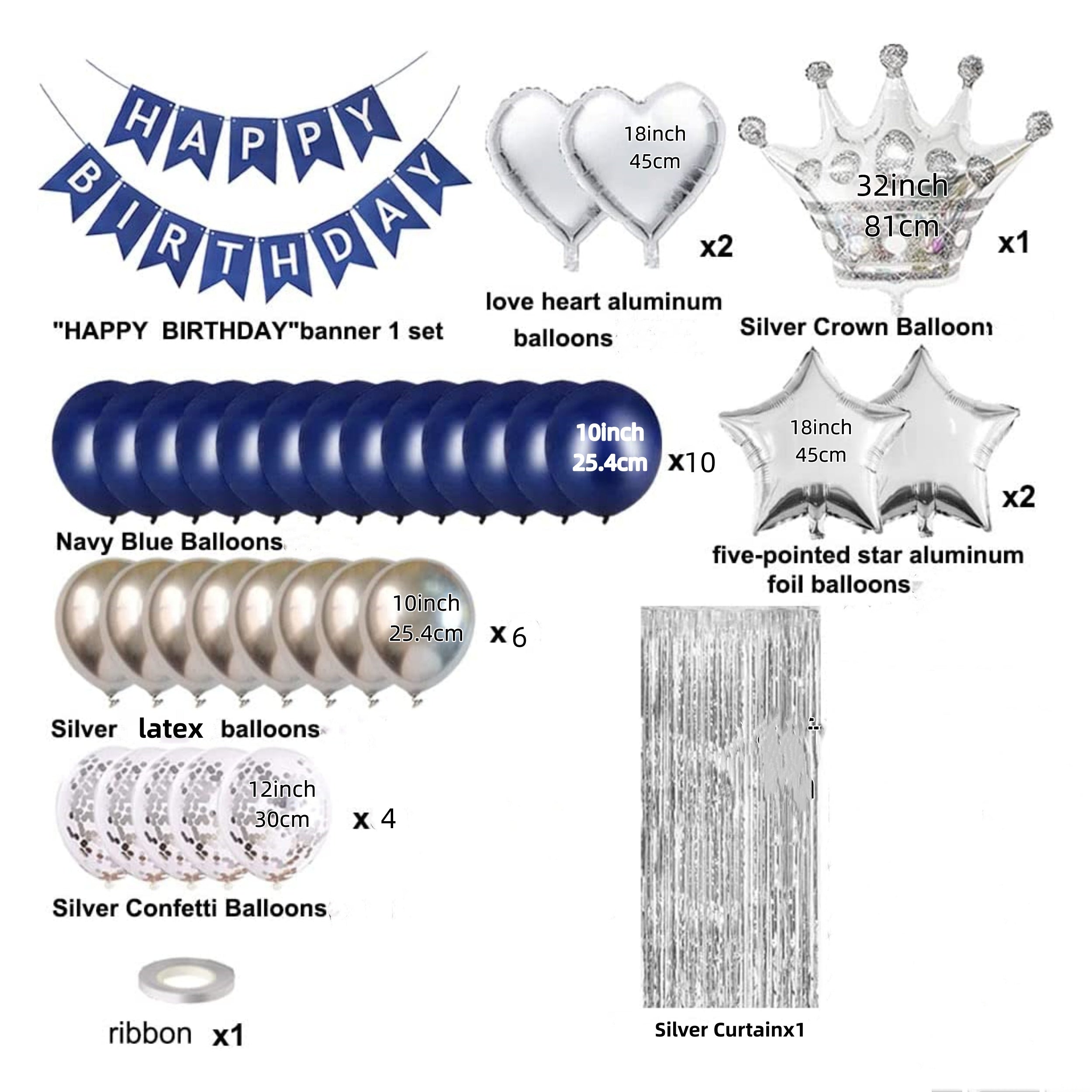 36pcs Navy Silvery Happy Birthday Party Decorations Set For Men Boys Women Girls