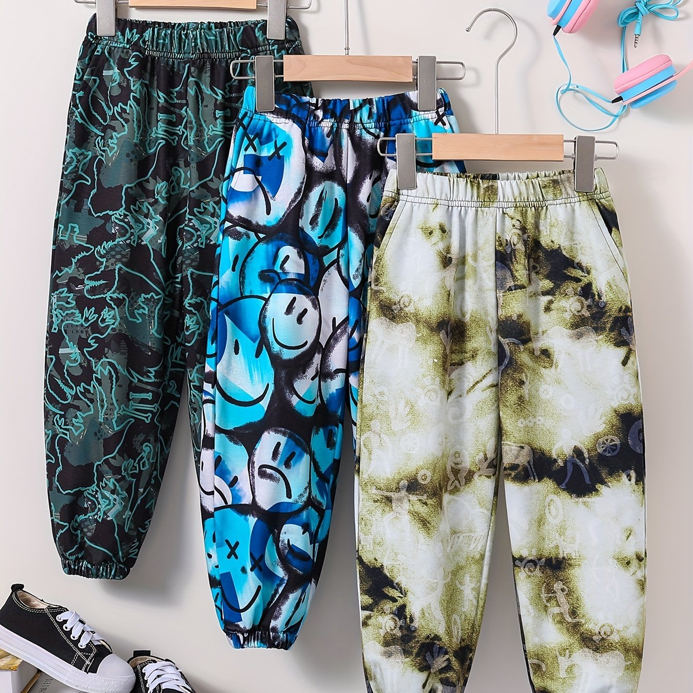 3pcs Boys Tie Dye Smiling Dinosaur Print Jogger Sports Pants