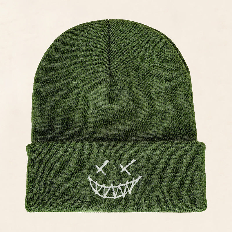 Smile Face Embroidery Beanie Hat Unisex Slouchy Ski Beanie Cap
