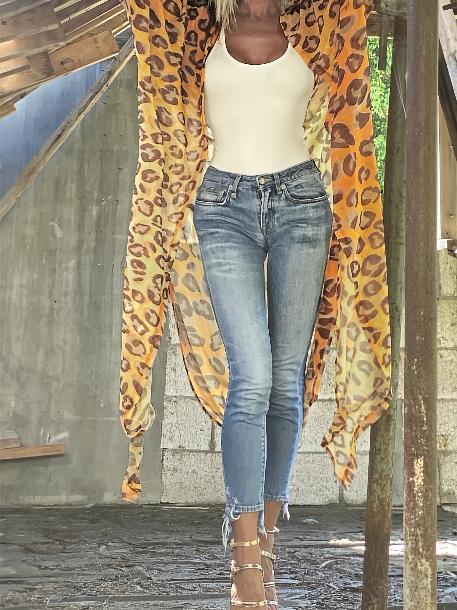 Animal Print Cover Up Shirt Loose Fit V Neck Semi Sheer Casual Beach Kimono