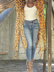Animal Print Cover Up Shirt Loose Fit V Neck Semi Sheer Casual Beach Kimono