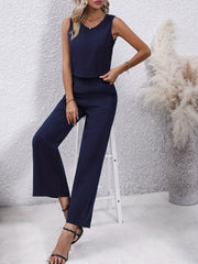 Casual Solid 2pc Set Sleeveless Tank Top & Pleated Pants Outfit