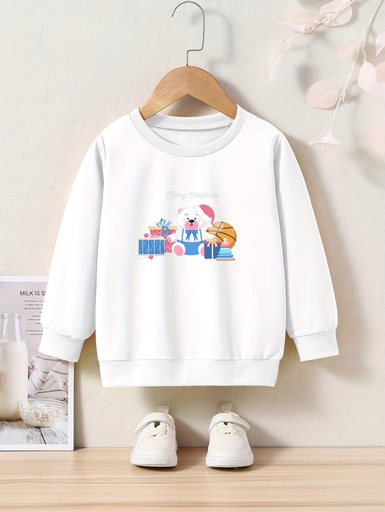 Merry Christmas Print Bear Graphic Crew Neck Long Sleeve Sweatshirt Kids
