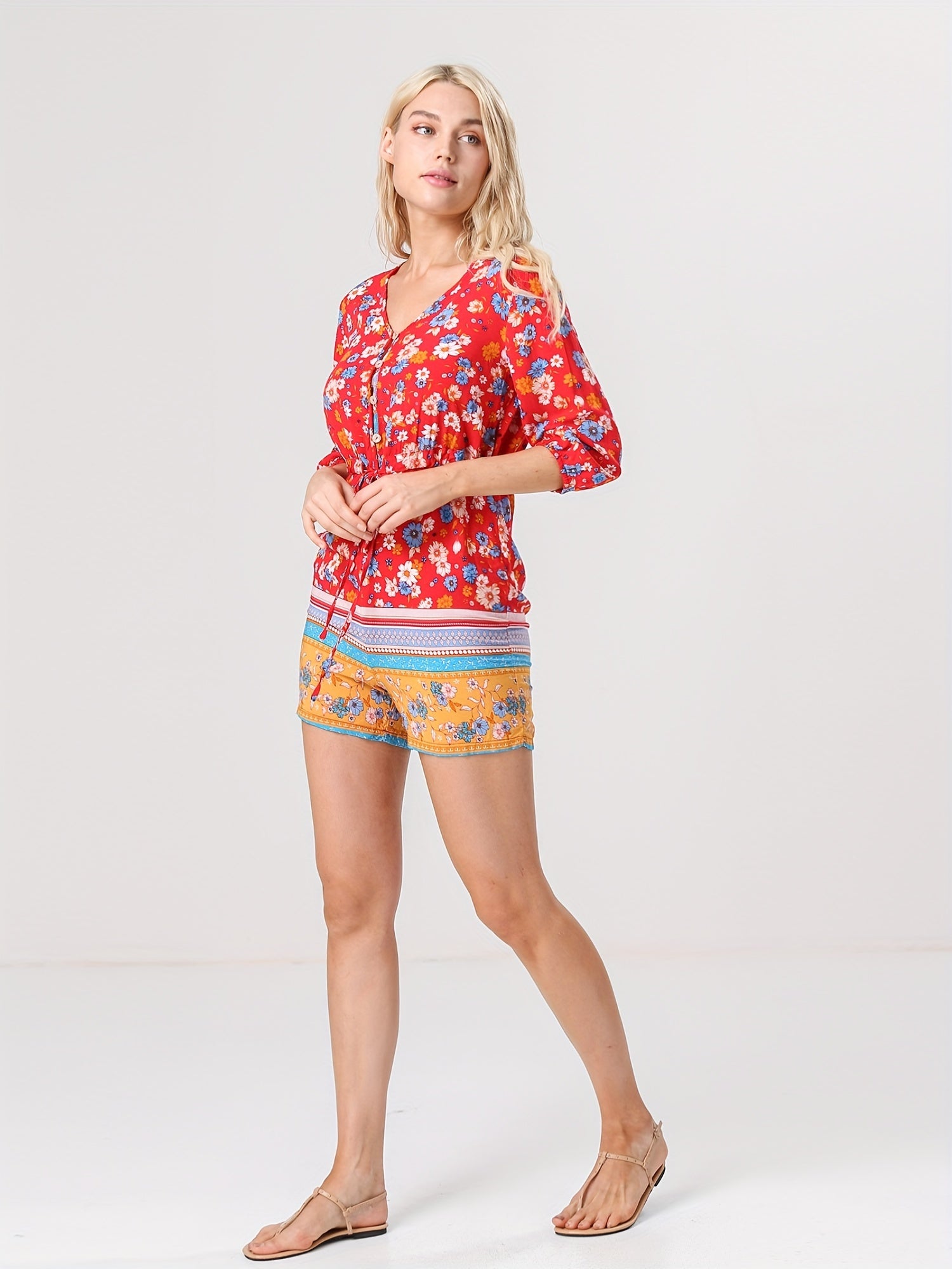 Floral Print Drawstring Waist Romper Jumpsuit Casual Half Sleeve Button Romper