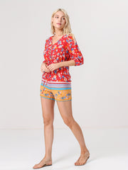 Floral Print Drawstring Waist Romper Jumpsuit Casual Half Sleeve Button Romper