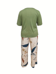 Floral Print Lounge Set Short Sleeve Top & Lace Up Pants Women's Loungewear