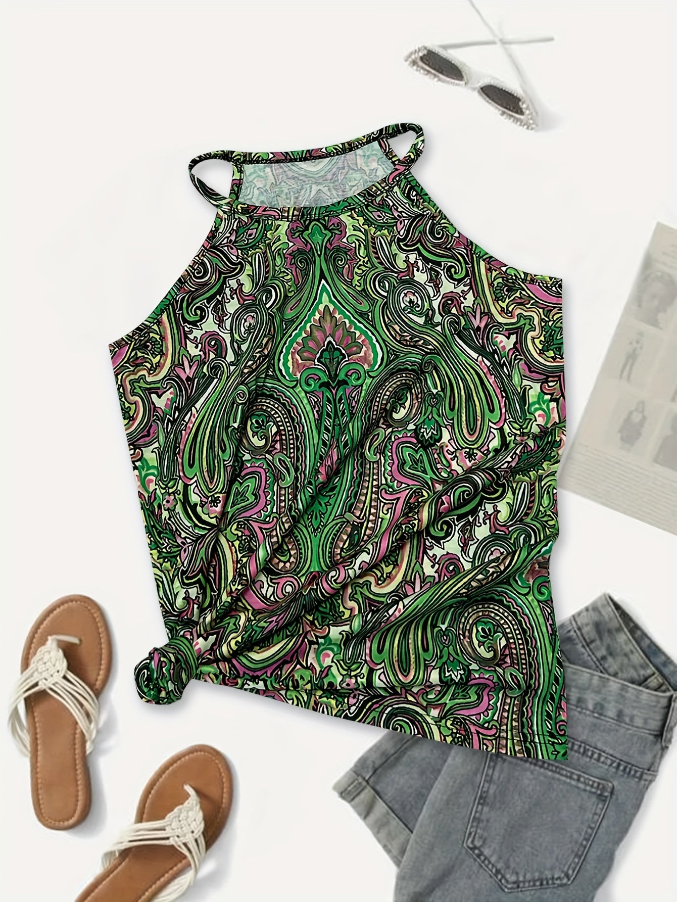 Ethnic Print Sleeveless Top Casual Crew Neck Summer Top