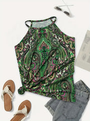 Ethnic Print Sleeveless Top Casual Crew Neck Summer Top