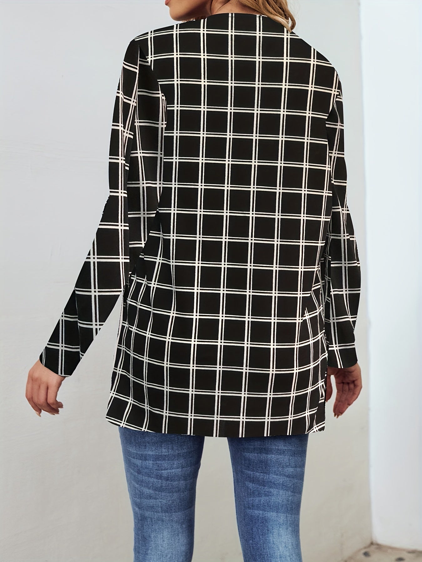 Windowpane Print Open Front Jacket Casual Long Sleeve