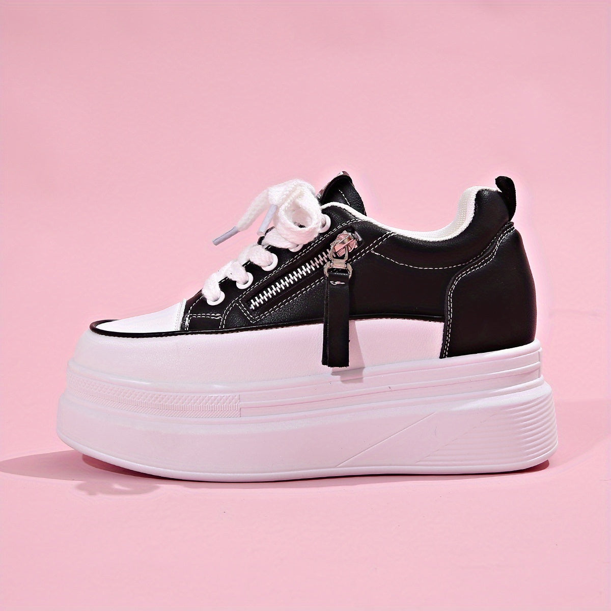 Women's Side Zipper Chunky Sneakers Lace Up Thick Sole Walking Shoes