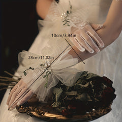 Lace Transparent Gloves Faux Pearl Green Leaves Decorative Wedding Bridal Gloves
