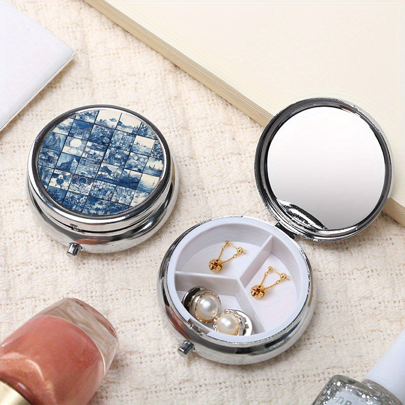 Artistic Glass Print Round Pill Organizer with 3 Compartments