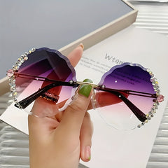 Rhinestone Decor Rimless Sunglasses Gradient Lens Flower Shaped Round Glasses