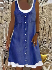Colorblock Denim Print Tank Dress Round Neck