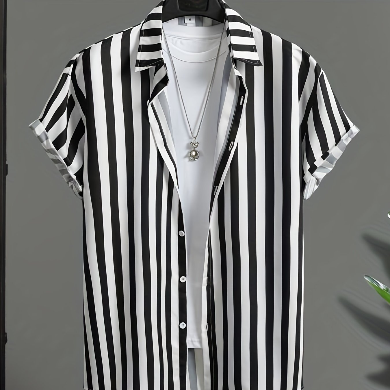 Striped Pattern Men's Short Sleeve Lapel Shirt