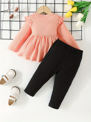 Baby Girls Cartoon Ruffled Ribbed Peplum Top & Pants Set