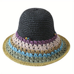 Rainbow Boho Sun Hat Crochet Gradient Bucket Hat Breathable Summer Sunscreen
