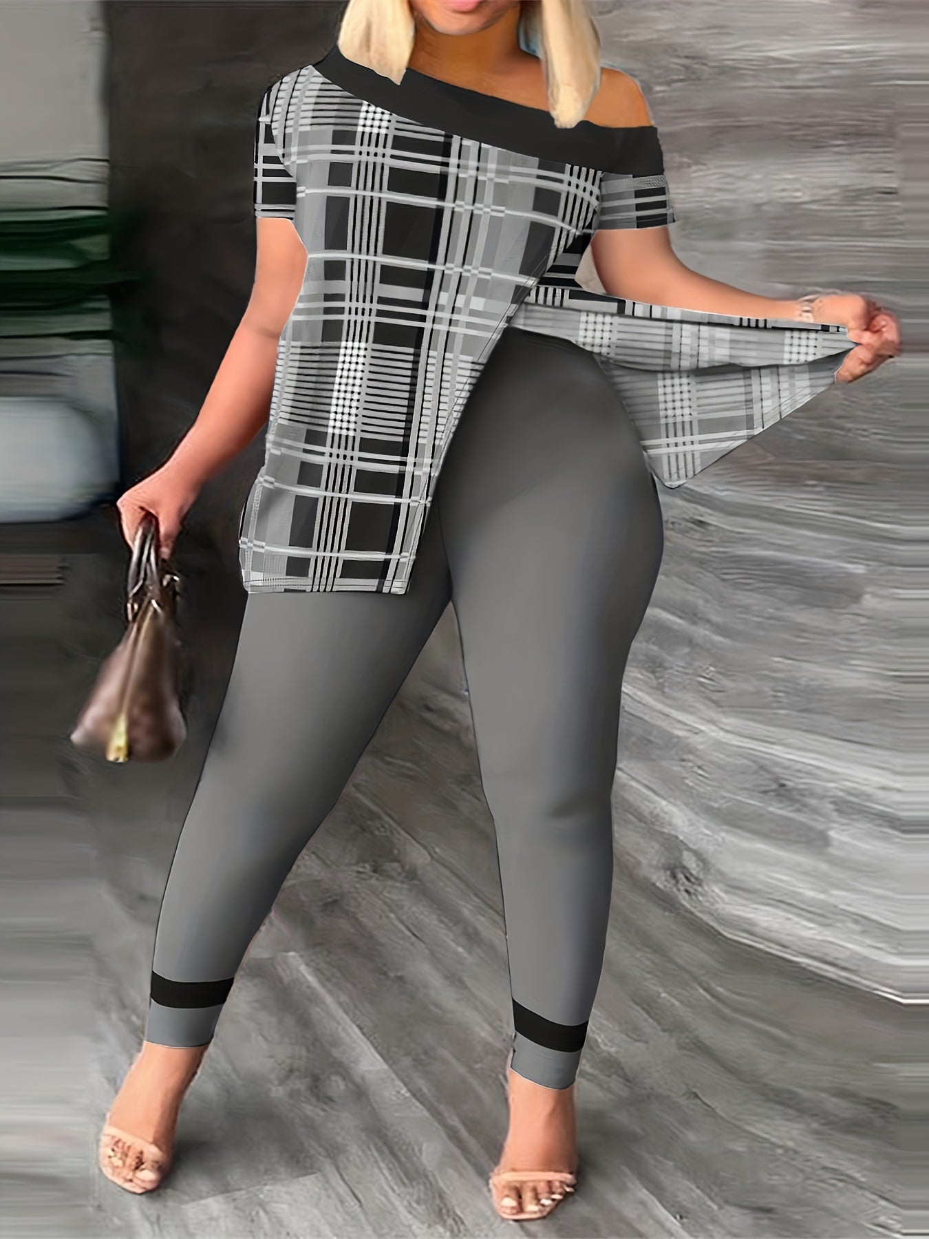 Plaid Print One Shoulder Top & Leggings Set