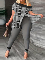 Plaid Print One Shoulder Top & Leggings Set