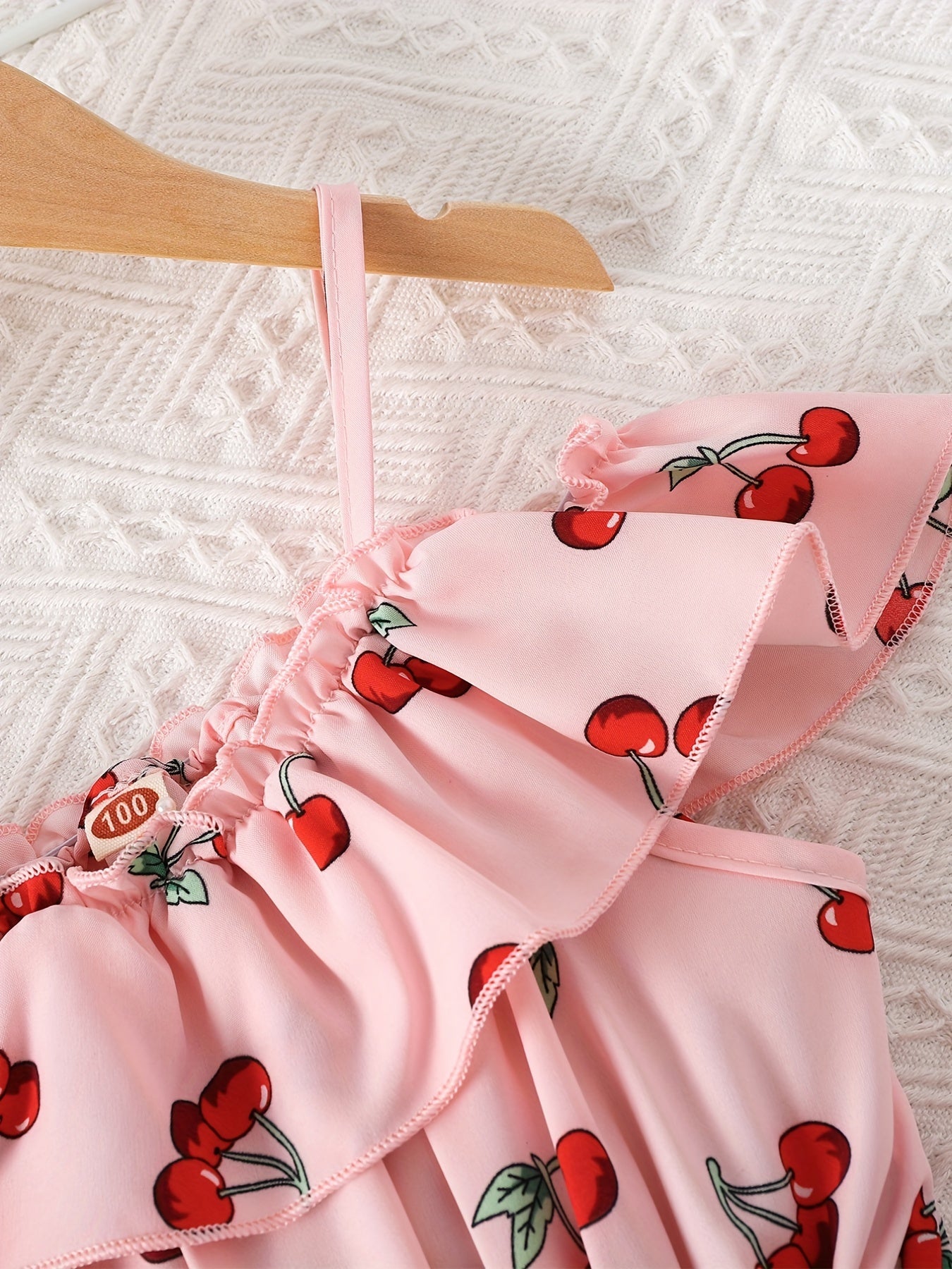Girls Cherry Print Ruffle Shoulder Sleeveless Dress for Summer