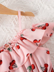 Girls Cherry Print Ruffle Shoulder Sleeveless Dress for Summer