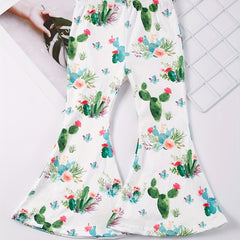 Girls Cartoon Cactus Slim Flare Leg Pants