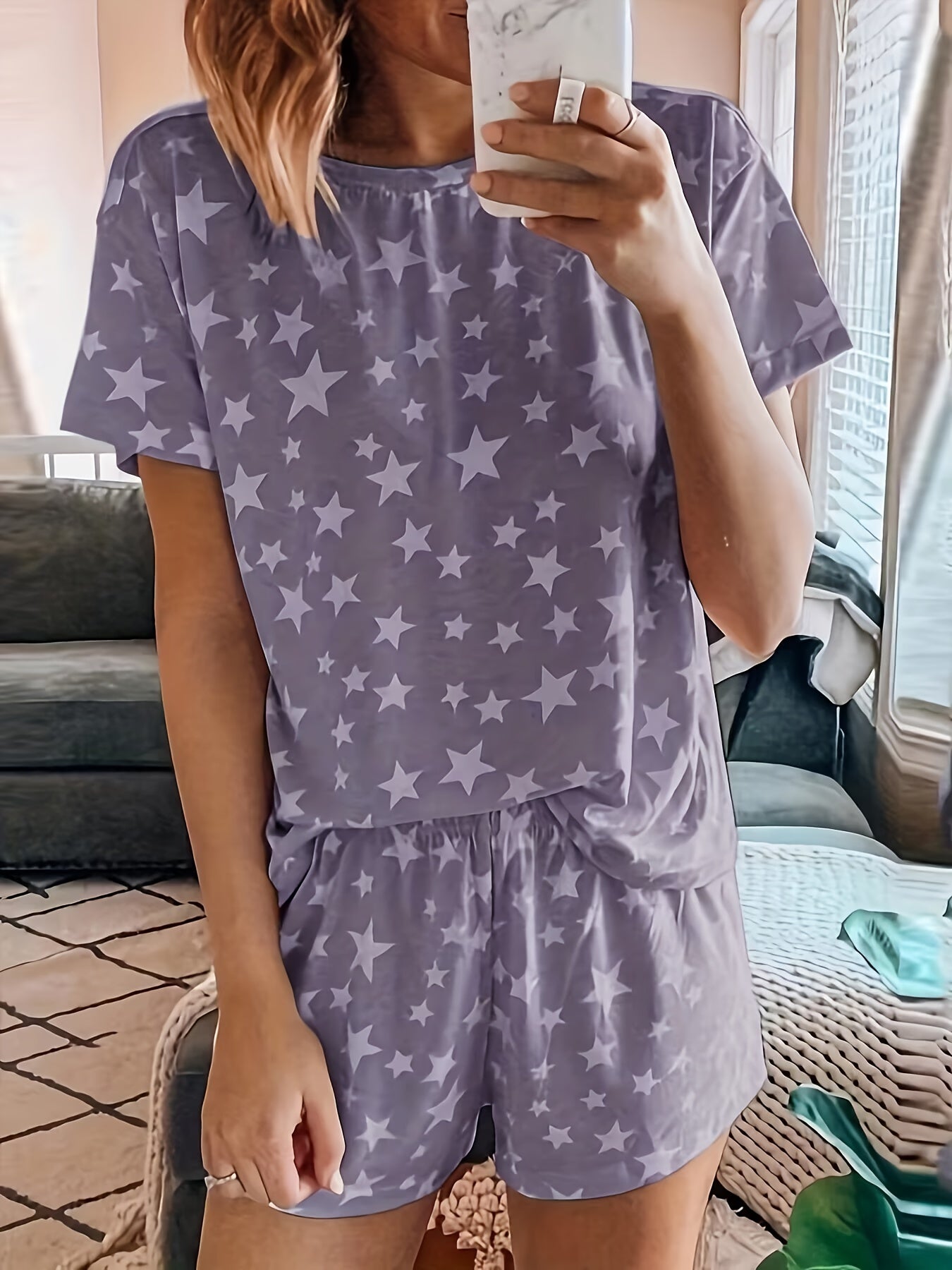 Stars Print Casual Two piece Set Crew Neck Short Sleeve Tee & Drawstring Shorts