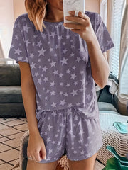 Stars Print Casual Two piece Set Crew Neck Short Sleeve Tee & Drawstring Shorts