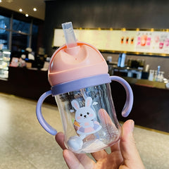 250ml Cartoon Water Cup with Double Handles, Leakproof Straw Bottle for Outdoor