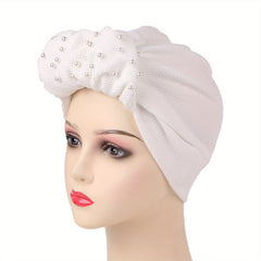 Faux Pearl Decor Turban Cap Embossed Pleated Head Wrap Elastic Beanie Headscarf