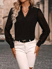 Casual Blouse Women's Plus Solid Striped Long Sleeve Notched Neck Top