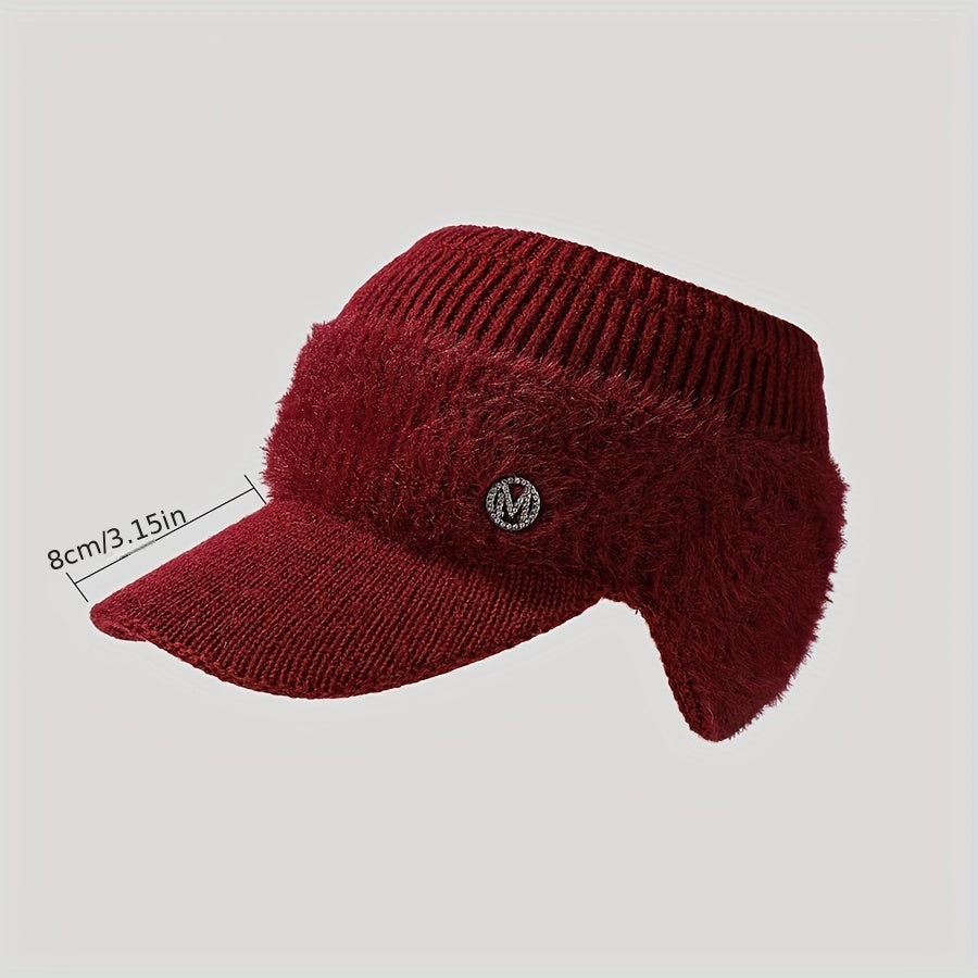Rhinestone M Label Knit Hat Solid Thick Cold Proof Ear Protection Warm Hat