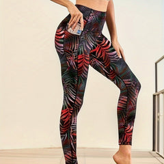 Leaf Print Casual Yoga Pants High Stretch With Side Pocket