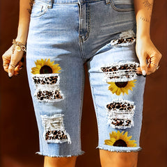 Sunflower & Leopard Print Denim Shorts