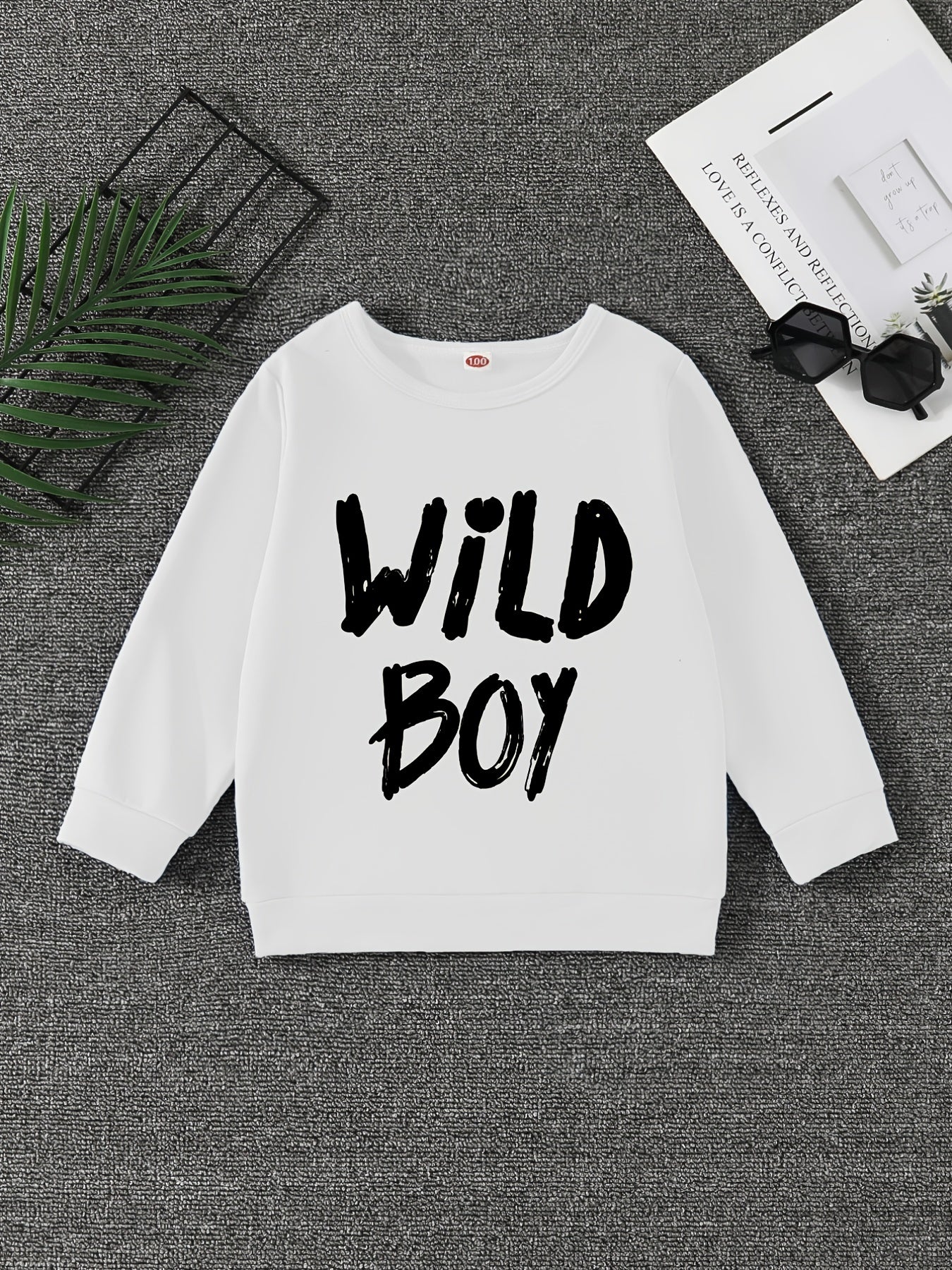 WILD BOY Letter Print Boys Casual Pullover Sweatshirt Long Sleeve Tops