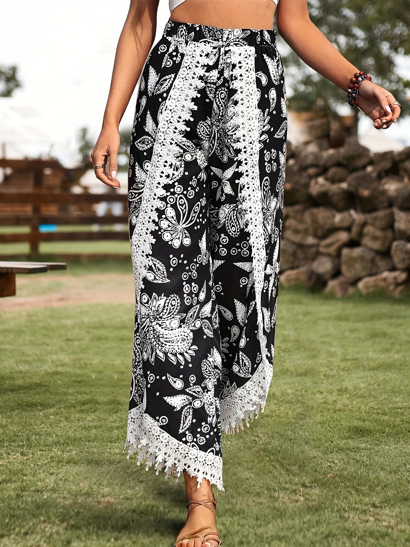 Paisley Print Lace Trim Wide Leg Pants for Women