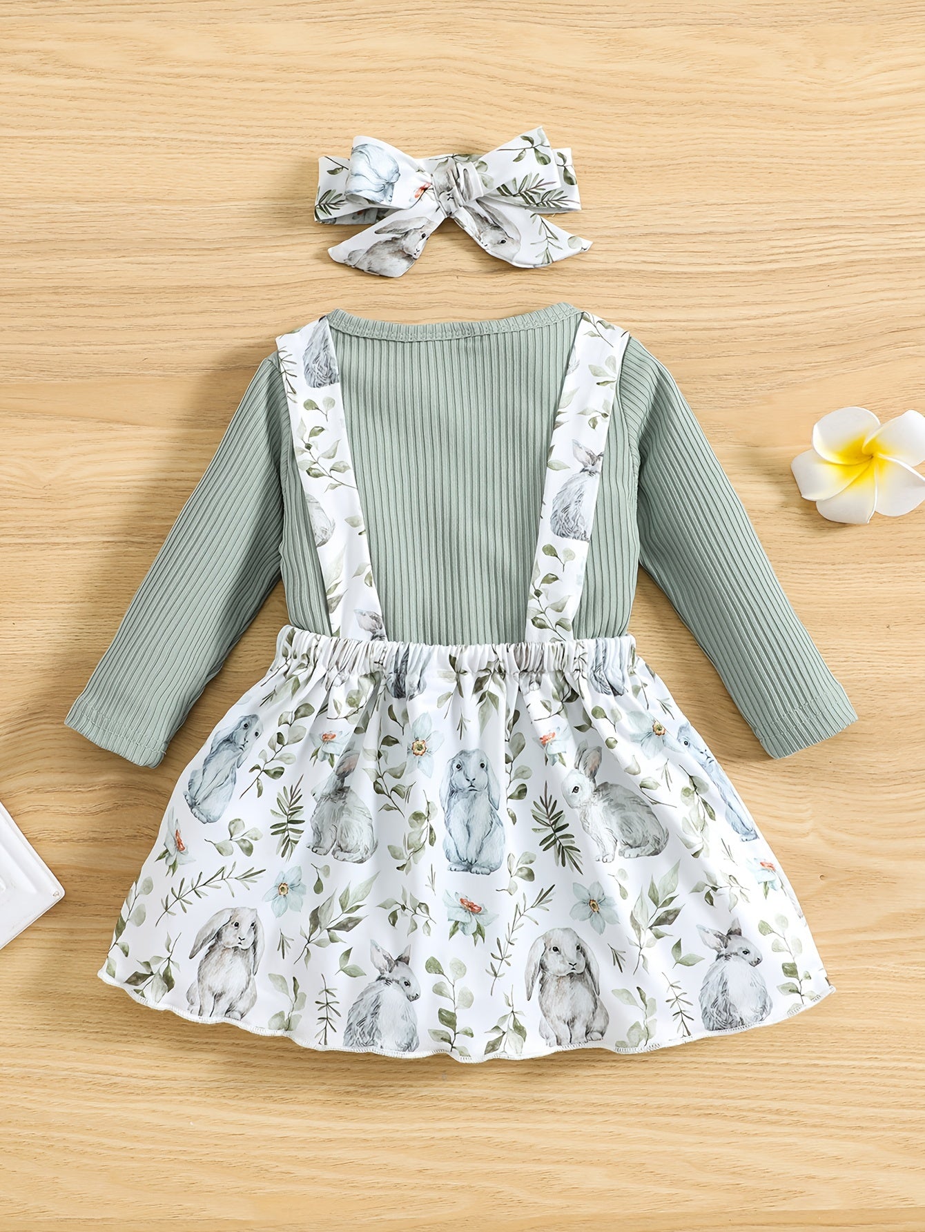 Baby Girls Long Sleeve Romper & Rabbit Print Bib Pants Outfit