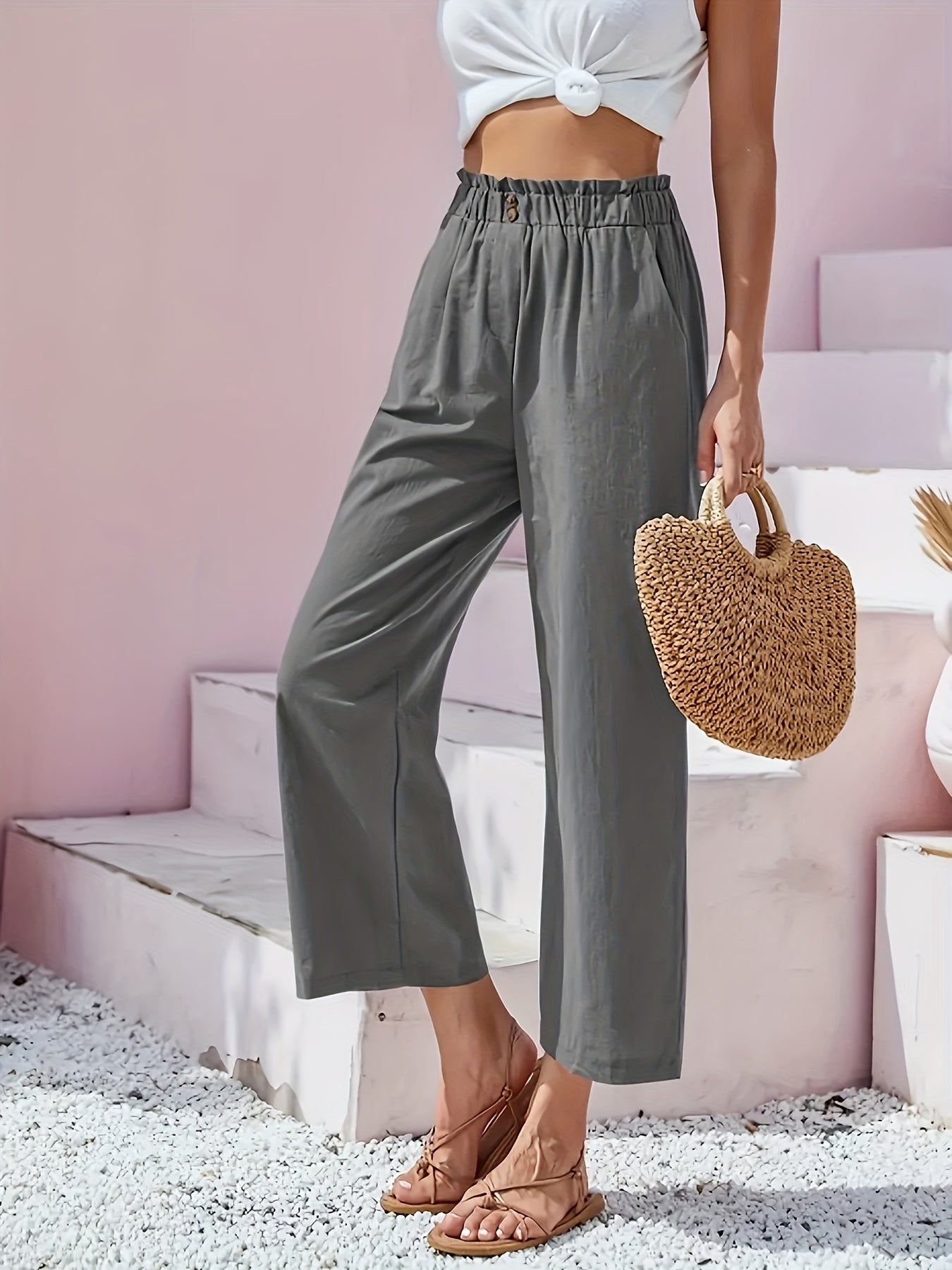 Wide Leg Trousers with Pockets - Elastic High Rise